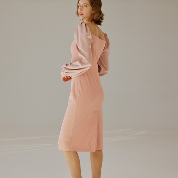 🆕 NAP Loungewear Square Neck Puff Sleeve Midi Dress in Peach Pink - Picture 5 of 10